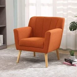 MELLCOM Mid Century Modern Accent Chair, Comfy Linen Fabric Club Chair With Solid Wood Legs Tufted Back, Upholstered Armchair Chairs For Living Room, Reading Room, Bedroom, Orange/Blue -Best Furniture Store 51xsc3HKJwL
