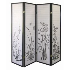 4-Panel Bamboo Floral Room Divider Screen