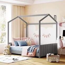 Polibi Full Size Velvet House Bed Floor Wood Bed With Roof, Headboard And Footboard, Children Wooden Full House Bed, Can Be Decorated For Girls, Boys, Grey -Best Furniture Store 51xw5 FrzaL. AC