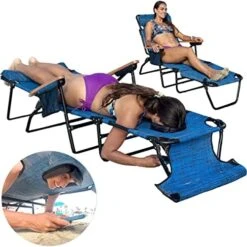 FLIP Face Down Tanning Chaise Lounge Chair - Face & Arm Holes - 2 Legs Support - Polyester Material – Backrest Positions - Head Rest Pillow - Beach Or Home Use - PATENTS Pending - Pink Stripes Pattern -Best Furniture Store 51yHcerK7YL. AC