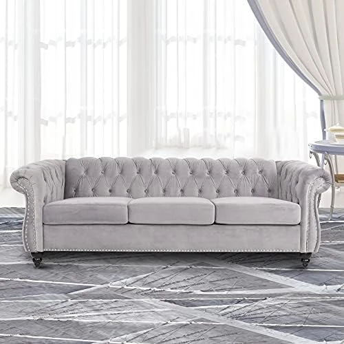 NOSGA Modern Velvet Fabric L Shaped 3-Seat Sectional Sofa Couch, Furniture Sectional Chesterfield Couch Set, Upholstered Scroll Arm Chesterfield Sofa With Chaise For Living Room(Light Grey) 8 NOSGA Modern Velvet Fabric L Shaped 3-Seat Sectional Sofa Couch, Furniture Sectional Chesterfield Couch Set, Upholstered Scroll Arm Chesterfield Sofa With Chaise For Living Room(Light Grey) - Image 8