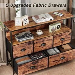 Furologee Console Table, Dresser TV Stand For Bedroom, Tall Entertainment Center With Shelves, Sofa Table With 5 Fabric Drawers Closet Storage Organizer For Living Room/Entryway/Hallway, Rustic Brown -Best Furniture Store 51ybKFBr9IL