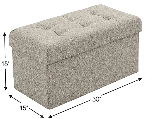 Ornavo Home Foldable Tufted Linen Large Storage Ottoman Bench Foot Rest Stool/Seat - 15" X 30" X 15" (Beige) 2 Ornavo Home Foldable Tufted Linen Large Storage Ottoman Bench Foot Rest Stool/Seat - 15" X 30" X 15" (Beige) - Image 2