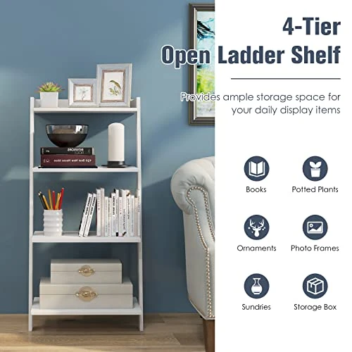 LOKO 4-Tier Ladder Shelf, 43” Tall Wooden Leaning Bookshelf Display Rack, Modern Ladder Bookshelf With Anti-Tipping Device And Top Raised Edge For Living Room, Study, Balcony (White) 5 LOKO 4-Tier Ladder Shelf, 43” Tall Wooden Leaning Bookshelf Display Rack, Modern Ladder Bookshelf With Anti-Tipping Device And Top Raised Edge For Living Room, Study, Balcony (White) - Image 5