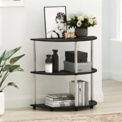 Furinno Frans Turn-N Half Round Console Table With Stainless Steel Tubes, Black Oak 15.6D X 31.1W X 30.8H In