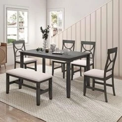 Bellemave 6-Piece Dining Table Set With Storage Drawer, Wooden Rectangular Dining Table With 4 Upholstered Chairs And Bench, Kitchen Dining Room Set For 6 Persons(Walnut +Butter Milk +Grey) -Best Furniture Store 51z3f9TWuML. AC