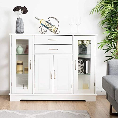 Giantex Sideboard Buffet Server Storage Cabinet W/ 2 Drawers, 3 Cabinets And Glass Doors For Kitchen Dining Room Furniture Cupboard Console Table (White) 3 Giantex Sideboard Buffet Server Storage Cabinet W/ 2 Drawers, 3 Cabinets And Glass Doors For Kitchen Dining Room Furniture Cupboard Console Table (White) - Image 3