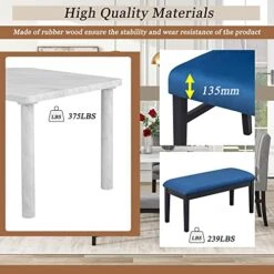 YUNLife 6 Piece Kitchen And Dining Furniture Set, Marble Veneer Table And 4 Flannelette Upholstered Chairs & Bench For Living Room, Breakfast Nook, Dinette, White+Blue -Best Furniture Store 51z5k5EDeLL