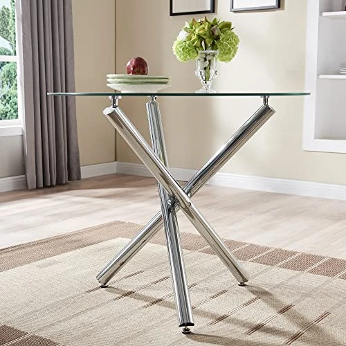 Modern Round Dining Table With Clear Tempered Glass Top, 3 Chrome Legs Kitchen Table For 2 Or 4 Person,Round Dining Table Furniture For Home Office Kitchen Dining Room(W 35.4 X L 35.4 X H 29.5 Inch) 3 Modern Round Dining Table With Clear Tempered Glass Top, 3 Chrome Legs Kitchen Table For 2 Or 4 Person,Round Dining Table Furniture For Home Office Kitchen Dining Room(W 35.4 X L 35.4 X H 29.5 Inch) - Image 3
