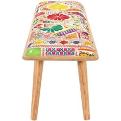 Colorful Embroidered Bohemian Bench 18" H X 45" W 15" D Blue Cream Green Geometric Eclectic Transitional Pattern Wood Finish Handmade -Best Furniture Store 51zFN0EMl6L