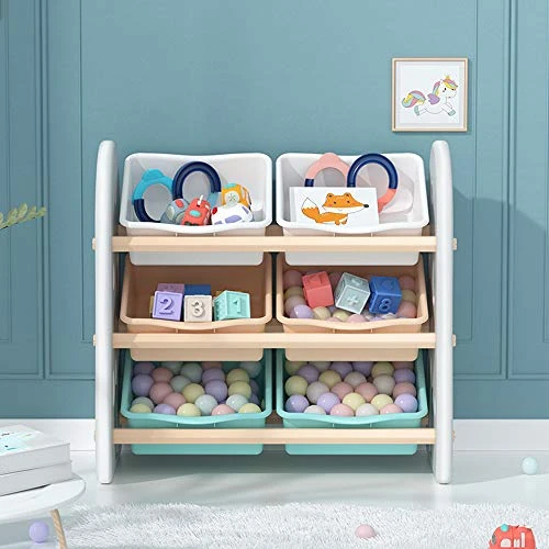 MengK Wooden Kids' Toy Storage Organizer With 6 Plastic Bins,White Color 3 MengK Wooden Kids' Toy Storage Organizer With 6 Plastic Bins,White Color - Image 3
