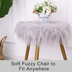 Glzifom Faux Fur Vanity Stool Chair, Fuzzy Fluzzy Round Ottoman, Covered Makeup Seat With Gold Metal Legs Upholstered Footrest Decorative For Living Room, Bedroom, Kids Room Gray -Best Furniture Store 51zQofksuxL