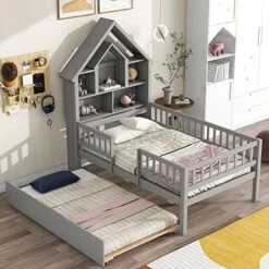Twin Bed Frame With Storage Drawers, House Twin Platform Bed With Bookcase Headboard, Twin Low Loft Bed With Fence For Kids, Girls, Boys, Teens, No Box Spring Needed (White) -Best Furniture Store 51zW2Qcw5wL. AC