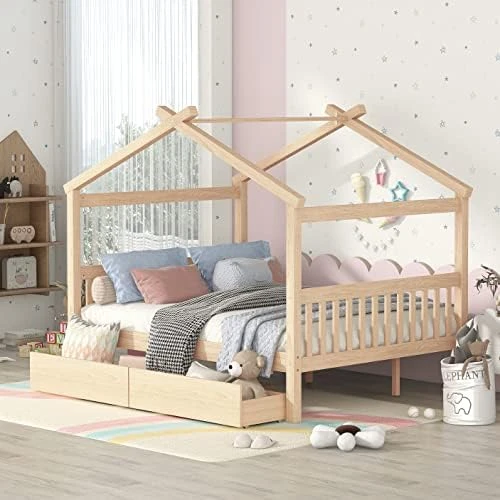 JIVOIT Twin Size House Platform Bed With Twin Size Trundle, Wooden House Bed Daybed With Roof Design And 2 Headboards, House-Shaped Canopy Bed For Kids Teens Boys Girls (Walnut-Twin-Trundle 011) 13 JIVOIT Twin Size House Platform Bed With Twin Size Trundle, Wooden House Bed Daybed With Roof Design And 2 Headboards, House-Shaped Canopy Bed For Kids Teens Boys Girls (Walnut-Twin-Trundle 011) - Image 13