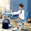 Children Study Desk, Kid Desk, Boy And Girl Homework Desk And Chair Set (Desk + Stool + Reading Rack + Led Light)