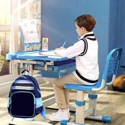 Children Study Desk, Kid Desk, Boy And Girl Homework Desk And Chair Set (Desk + Stool + Reading Rack + Led Light)