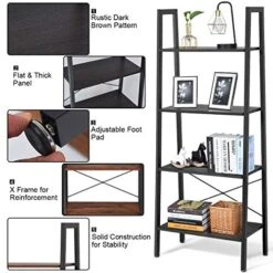 Giantex Ladder Shelf 4-Tier Industrial Bookshelf Storage Rack Shelves For Home And Office Use, Wood Display Rack With Metal Frame (Gray) -Best Furniture Store 51zkFFMOoZL
