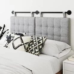 Harlow Modern Wall Mount Hanging Upholstered Headboard, Queen, Gray With Brown Faux Leather Straps -Best Furniture Store 51zmHq8CIkL. AC