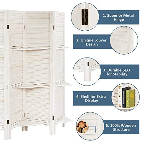 5.6Ft 4 Panel Room Divider With Shelves White, Freestanding Wood Folding Privacy Screens For Room Separation, Partition Room Divider Wall For Home Office Studio Bedroom Separator 3 5.6Ft 4 Panel Room Divider With Shelves White, Freestanding Wood Folding Privacy Screens For Room Separation, Partition Room Divider Wall For Home Office Studio Bedroom Separator - Image 3