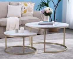 Yusong Round Nesting Coffee Tables Set Of 2, Living Room Accent Center Tables With Marble Pattern Wooden Tabletops And Gold Metal Frame, Modern Side End Tables For Bedroom, White -Best Furniture Store 616Il0svJpL
