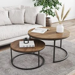 Nathan James Stella Round Modern Nesting Coffee Set Of 2, Stacking Living Room Accent Tables With Tabletops And Matte Metal Frame, Reclaimed Oak/Gunmetal