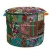 DK Homewares Indian Vintage Patchwork Pouffe Floor Cushion Dark Green Round Foot Rest Living Room Cotton Embroidered Hassock Pouf Ottoman Cover Floral Traditional 22x22x14