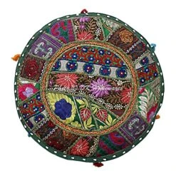 DK Homewares Indian Vintage Patchwork Pouffe Floor Cushion Dark Green Round Foot Rest Living Room Cotton Embroidered Hassock Pouf Ottoman Cover Floral Traditional 22x22x14 -Best Furniture Store 61FwyJeeFYL