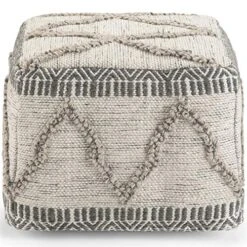 SIMPLIHOME Sweeney Square Pouf, Footstool, Upholstered In Grey, Natural Handloom Woven Wool And Cotton Pattern, For The Living Room, Bedroom And Kids Room, Boho