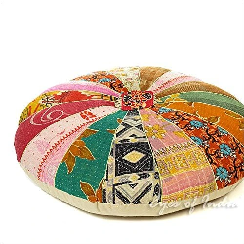Eyes Of India - 16 X 10 Small Colorful Vintage Kantha Round Pouf Pouffe Ottoman Cover Floor Seating Boho Chic Bohemian Accent Indian Handmade Cover ONLY 3 Eyes Of India - 16 X 10 Small Colorful Vintage Kantha Round Pouf Pouffe Ottoman Cover Floor Seating Boho Chic Bohemian Accent Indian Handmade Cover ONLY - Image 3