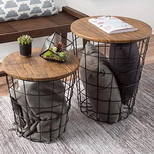 Lavish Home End Storage – Nesting Wire Basket Base And Wood Tops – Industrial Farmhouse Style Side Table, Set Of 2 - Round Black, Brown 7 Lavish Home End Storage – Nesting Wire Basket Base And Wood Tops – Industrial Farmhouse Style Side Table, Set Of 2 - Round Black, Brown - Image 7