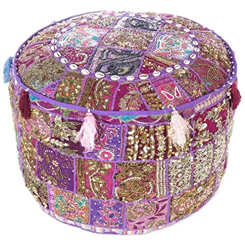 Eyes Of India - 22 X 12 Purple Patchwork Round Pouf Pouffe Ottoman Cover Floor Seating Bohemian Accent Boho Chic Indian Handmade 1 Eyes Of India - 22 X 12 Purple Patchwork Round Pouf Pouffe Ottoman Cover Floor Seating Bohemian Accent Boho Chic Indian Handmade