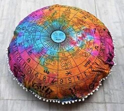 Rajasthaniartdecor Round Pouf Cover Cushion Cotton With Pom Meditetion Seating For Living Dorm Room Color Size 32 Inch Inches (Cover Only) (Blue Gold), RADC003-V, Inches(80 Cm) -Best Furniture Store 61VTkKEqPOL. AC