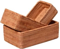 YSJX Kitchen&bedroom Storage Accessories 3pcs/set Rattan Weaving Rectangular Storage Basket Snack Storage Box Fruit Storage Basket Household Basket -Best Furniture Store 61XPq96tybL. AC