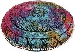 Rajasthaniartdecor Round Pouf Cover Cushion Cotton With Pom Meditetion Seating For Living Dorm Room Color Size 32 Inch Inches (Cover Only) (Blue Gold), RADC003-V, Inches(80 Cm) -Best Furniture Store 61YXVLlohjL. AC