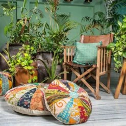 Eyes Of India - 16 X 10 Small Colorful Vintage Kantha Round Pouf Pouffe Ottoman Cover Floor Seating Boho Chic Bohemian Accent Indian Handmade Cover ONLY