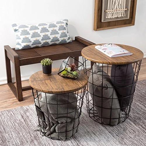 Lavish Home End Storage – Nesting Wire Basket Base And Wood Tops – Industrial Farmhouse Style Side Table, Set Of 2 - Round Black, Brown 5 Lavish Home End Storage – Nesting Wire Basket Base And Wood Tops – Industrial Farmhouse Style Side Table, Set Of 2 - Round Black, Brown - Image 5