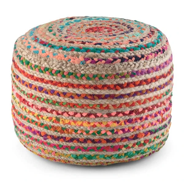 SIMPLIHOME Margo Round Pouf, Footstool, Upholstered In Multi Color Hand Braided Jute, For The Living Room, Bedroom And Kids Room, Boho, , 1 SIMPLIHOME Margo Round Pouf, Footstool, Upholstered In Multi Color Hand Braided Jute, For The Living Room, Bedroom And Kids Room, Boho, ,