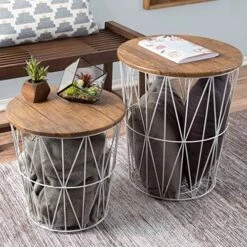 Lavish Home End Storage – Nesting Wire Basket Base And Wood Tops – Industrial Farmhouse Style Side Table, Set Of 2 - Round Black, Brown 21 Lavish Home End Storage – Nesting Wire Basket Base And Wood Tops – Industrial Farmhouse Style Side Table, Set Of 2 - Round Black, Brown -Best Furniture Store 61in3t0mPEL. AC