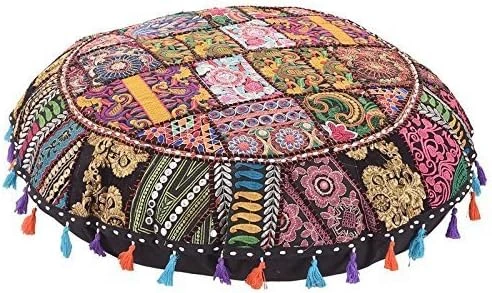 KLAVATE Indian Handmade Vintage Patchwork Cotton Boho Chic Bohemian Hand Embroidered Decorative Ethnic Foot Stool Round Floor Pillows & Cushion Cover Seating Pouf Ottoman (Purple, 18 Inch) 5 KLAVATE Indian Handmade Vintage Patchwork Cotton Boho Chic Bohemian Hand Embroidered Decorative Ethnic Foot Stool Round Floor Pillows & Cushion Cover Seating Pouf Ottoman (Purple, 18 Inch) - Image 5