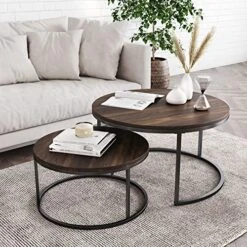 Nathan James Stella Round Modern Nesting Coffee Set Of 2, Stacking Living Room Accent Tables With Tabletops And Matte Metal Frame, Reclaimed Oak/Gunmetal -Best Furniture Store 61nm7 YBFUL. AC
