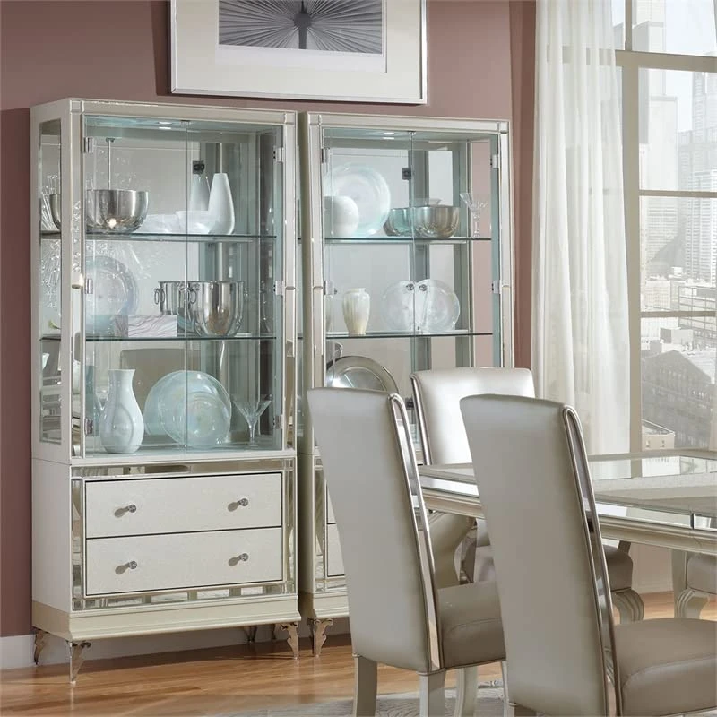 Michael Amini Hollywood Loft Glass Curio Cabinet In Frost Ivory 2 Michael Amini Hollywood Loft Glass Curio Cabinet In Frost Ivory - Image 2