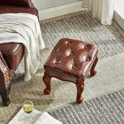LEILISI Small Footstool Brown Leather Ottoman, Vintage Carved Upholstered Footrest, Rubber Wooden Foot Rest Stool Sofa Stool (Red-Brown) 11 LEILISI Small Footstool Brown Leather Ottoman, Vintage Carved Upholstered Footrest, Rubber Wooden Foot Rest Stool Sofa Stool (Red-Brown) -Best Furniture Store 61rmVFv5L6L