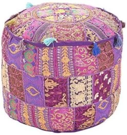 GANESHAM KLAVATE Indian Hippie Vintage Cotton Floor Pillow & Cushion Patchwork Bean Bag Chair Cover Boho Bohemian Hand Embroidered Handmade Pouf Ottoman (Purple, 13" H X 22" Diam.(inch))