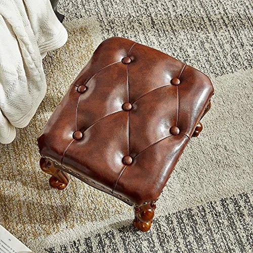 LEILISI Small Footstool Brown Leather Ottoman, Vintage Carved Upholstered Footrest, Rubber Wooden Foot Rest Stool Sofa Stool (Red-Brown) 5 LEILISI Small Footstool Brown Leather Ottoman, Vintage Carved Upholstered Footrest, Rubber Wooden Foot Rest Stool Sofa Stool (Red-Brown) - Image 5