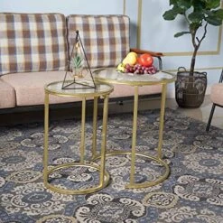 RiteSune Gold Glass Nesting Side End Tables Set Of 2, Round Small Stacking Drink Coffee Table For Small Space, Living Room, Bedroom, Christmas, New Year -Best Furniture Store 61xLGRKnUuL